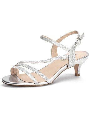 Women's Silver Comfortable Strappy 2 Inch Open Toe Kitten Bridal Sandals Heels